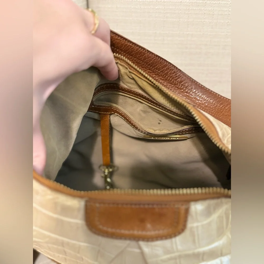 Brahmin Cream and Brown Croc-Embossed Leather Shoulder Bag
